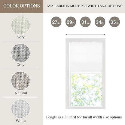 Madison Park Kyler Cordless Roman Shades - Single Panel, Lightweight Linen Blend Fabric, Natural Design, Easy Installation, Light Filtering Window Blind, Bedroom, Living Room Decor 29"W x 64"H White