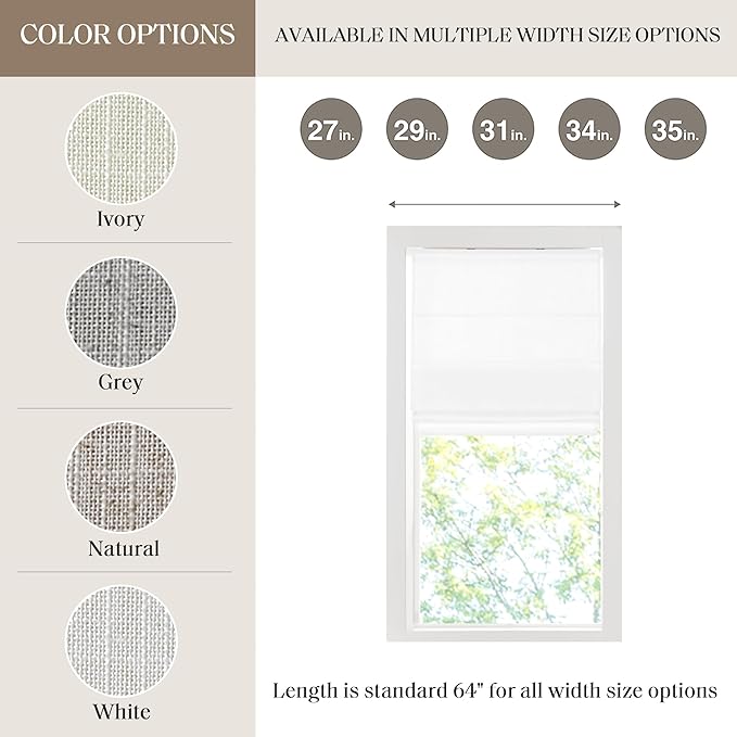 Madison Park Kyler Cordless Roman Shades - Single Panel, Lightweight Linen Blend Fabric, Natural Design, Easy Installation, Light Filtering Window Blind, Bedroom, Living Room Decor 35"W x 64"H White