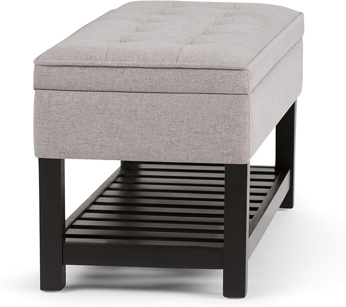 SIMPLIHOME Cosmopolitan 44 inch Wide Transitional Rectangle Storage Ottoman Bench with Open Bottom in Cloud Grey Linen Look Fabric, Assembled for the Living Room and Bedroom
