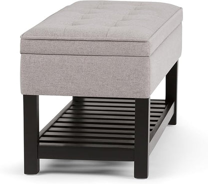 SIMPLIHOME Cosmopolitan 44 inch Wide Transitional Rectangle Storage Ottoman Bench with Open Bottom in Cloud Grey Linen Look Fabric, Assembled for the Living Room and Bedroom