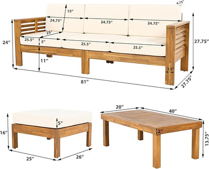 Christopher Knight Home Havets 3 Pieces Outdoor Acacia Furniture Set, Slat Panel Couch, Spacious Seating Armchair, 6" Thick Cushions Sofa and Coffee Table Set for Backyard Garden Balcony, Teak+Beige
