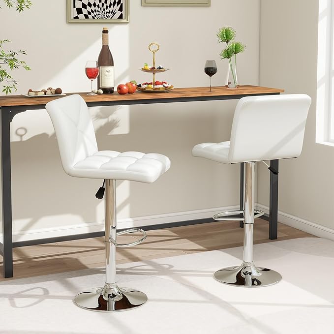COSTWAY Bar Stools Set of 4, Modern PU Leather Swivel Bar Chairs, Height Adjustable Upholstered Barstools with Premium Gas Rod, Sturdy Footrest, Round Base, for Kitchen, Dining Room, Office, White