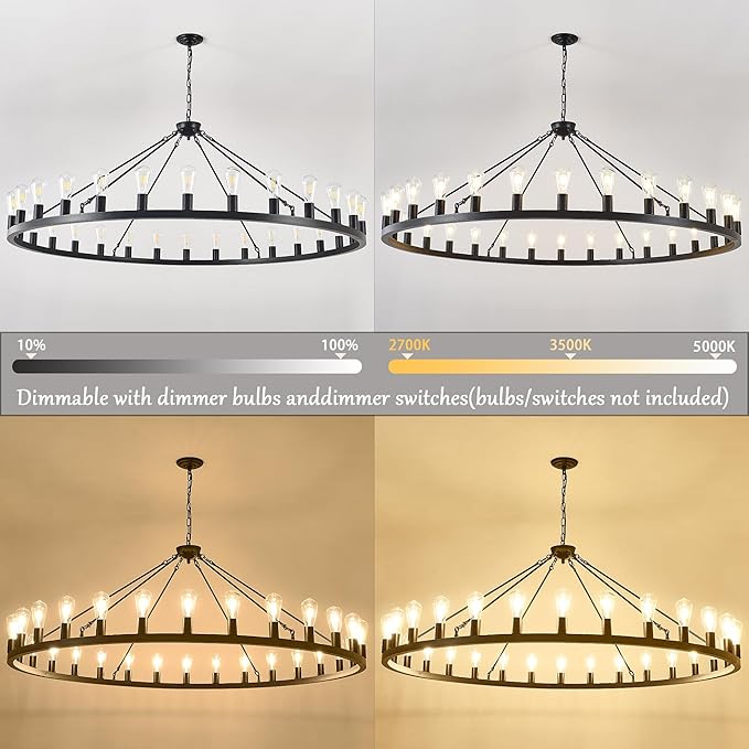 Large black wagon wheel chandelier 64 inch,30-Light Farmhouse wagon Wheel Chandeliers Round Industrial ceiling light fixtures for outdoor porch high ceilings Living Dining Room Foyer Entryway