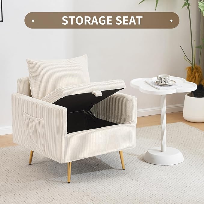 Furnimart Beige Mid-Century Modern Corduroy Storage Accent Chair with Arm, 1-Seater, Built-in Storage, Reading Chair for Bedroom, Living Room, Apartment