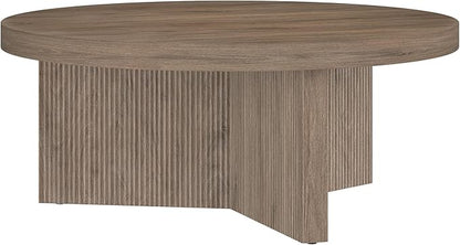 Henn&Hart 36" Fluted Round Low-Profile Coffee Table with Ribbed Pedestal Base for Living Room, Family Room, or Office, Antiqued Gray Oak