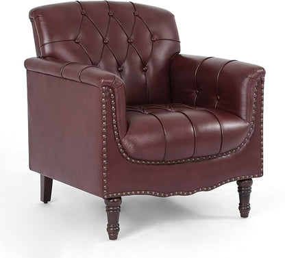 UIXE Faux Leather Accent Chair for Living Room, Tufted Arm Chair Retro Upholstered Club Armchair with Solid Wood Legs, Burgundy Red