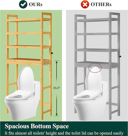 Smiry Over The Toilet Storage Cabinet, 4-Tier Bamboo Bathroom Organizers with Adjustable Shelf & 4 Hooks, Space Saving Shelf Rack for Bathrooms, Laundry Room, Balcony, Natural