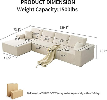 139" Boneless Cloud Sectional Couch for Living Room, Compressed Modular L-Shaped Sofa with Deep Seat, Frameless Corduroy Couch in Boxes, No Assembly Required 4-Seater (Left-Facing Chaise, Beige)