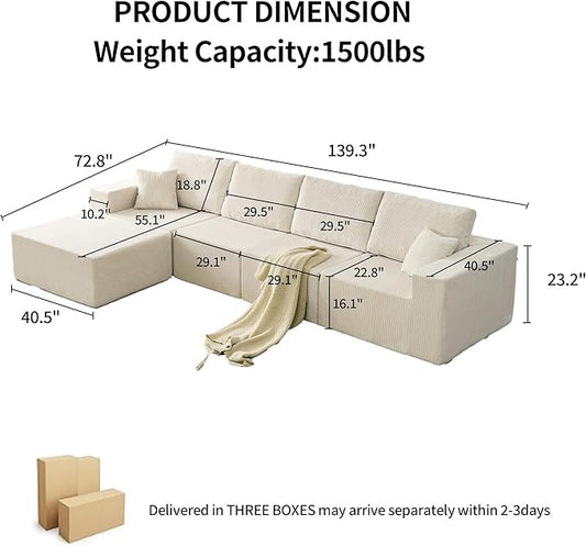 139" Boneless Cloud Sectional Couch for Living Room, Compressed Modular L-Shaped Sofa with Deep Seat, Frameless Corduroy Couch in Boxes, No Assembly Required 4-Seater (Left-Facing Chaise, Beige)
