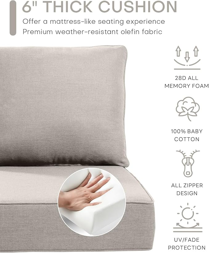 Luxury 24x24x6 Inch Outdoor Chair Cushions Set of 4 - Heavy Duty Water-Resistant Comfortable Cushion for Patio Furniture Set Dining Gliding Rocking Chairs Loveseat L-Shape Sofa - Beige