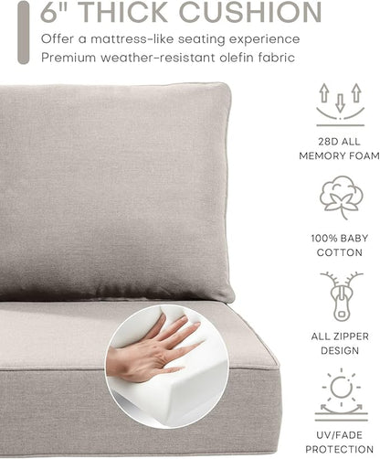 Luxury 24x24x6 Inch Patio Couch Cushions Set of 3 - Memory Foam Deep Seat Water-Resistant Patio Cushion for Lawn Dining Rocking Swivel Chairs Loveseat 3-Seater Sectional Sofa - Beige