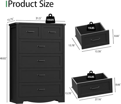 Dresser for Bedroom with 6 Drawers, 49" Tall Wood Chest of Drawers with Deep Drawers & Mental Handle, Modern Dresser TV Stand, Wooden Closet Storage Organizer for Living Room, Hallway, Entryway, Black