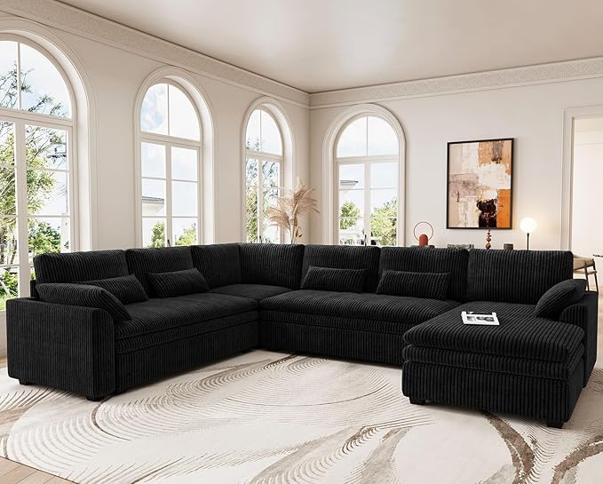 Belffin Large Modular Sectional Sofa with Deep Chaise, Corduroy U Shaped Couch with 9" Soft Dual-Layer 7 Seats Cushion for Living Room, Apartment, Black