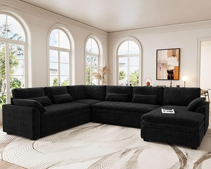 Belffin Large Modular Sectional Sofa with Deep Chaise, Corduroy U Shaped Couch with 9" Soft Dual-Layer 7 Seats Cushion for Living Room, Apartment, Black