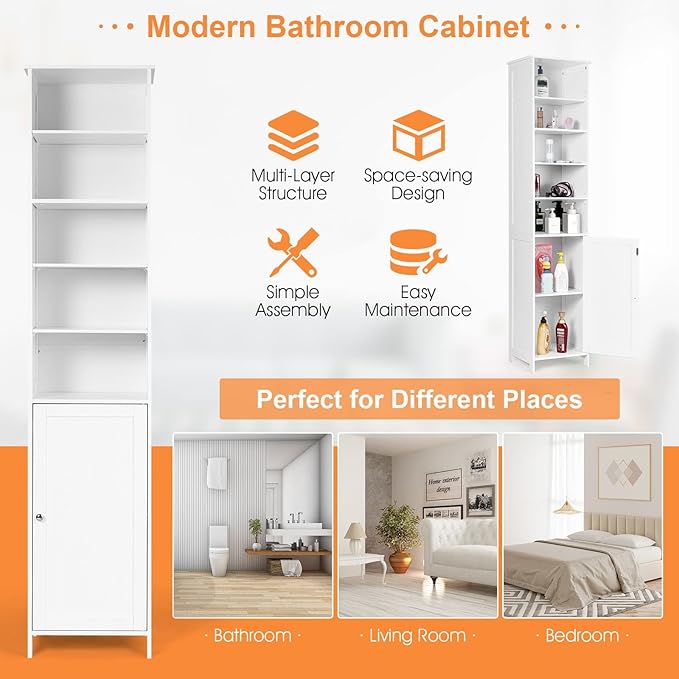COSTWAY Bathroom Storage Cabinet, Freestanding Floor Cabinet with 3-Level Adjustable Shelves, Convenient Door & Knob, Narrow Tall Cabinet Organizer for Bathroom, Living Room, Kitchen (White)