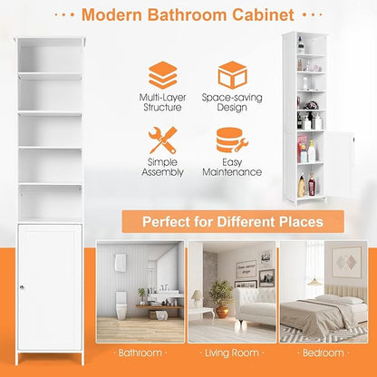 COSTWAY Bathroom Storage Cabinet, Freestanding Floor Cabinet with 3-Level Adjustable Shelves, Convenient Door & Knob, Narrow Tall Cabinet Organizer for Bathroom, Living Room, Kitchen (White)