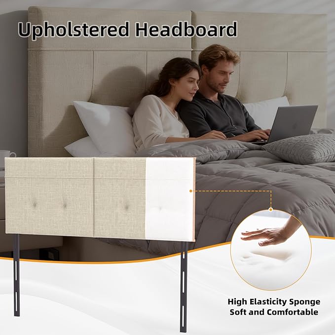 King Headboard Only with Adjustable Metal Legs, Faux Leather Upholstered Headboard King Size, Modern Stylish Headboard with Sunken Dot Design, Sturdy Bed Headboard for Bedroom, Linen
