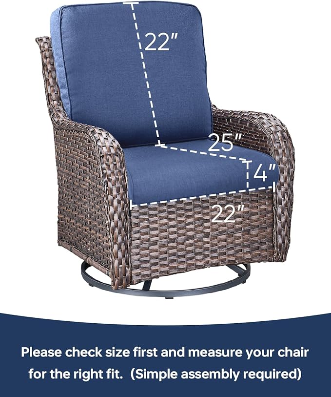 Pop 22x25/22x24 Outdoor Replacement Cushions - 1 Set High Back Deep Seat Patio Furniture Pillows for Rattan Dining Swivel Rocking Chairs Loveseat Couch Sectional Sofa - Navy Blue/Classic