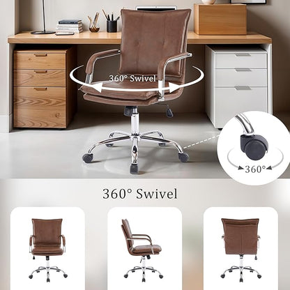 Mid-Back Ergonomic Leather Office Chair, Modern Upholstered Executive Desk Chair with Gold Frame Armrest Computer Task Chair (Brown &Silver Legs)