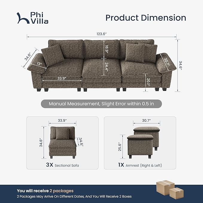 PHI VILLA Modern Modular Couches Sets, 123.6" Cloud Sectional Sofa with Upholstered Deep Seat, 3-Seater Couch for Living Room Small Spaces, Chenille Fabric, Smoky Grey
