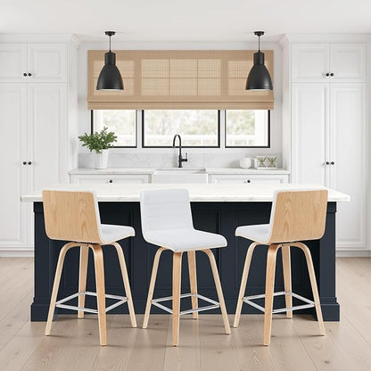 Vienna Modern Counter Height Swivel Bar Stool with White Faux Leather Seat and Patterned Oak Wood Frame Set of 4