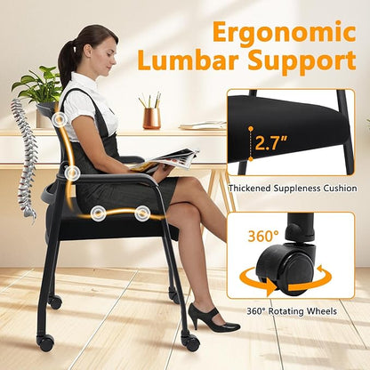 Office Guest Chairs No Wheels | Ergonomic Lumbar Support and Thicked Seats Cushion, Desk Chair with Adjustable Mesh Back for Waiting Room School Church Reception，Black 2PK