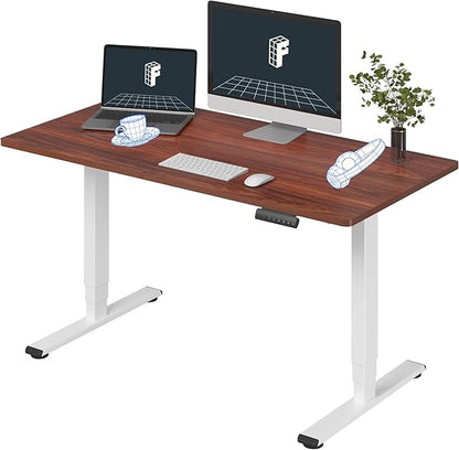 FLEXISPOT E6 3 Stages Dual Motor Electric Standing Desk 55x28 Inch Whole-Piece Board Height Adjustable Electric Sit Stand Desk(White Frame + Mahogany Desktop, 2 Packages)