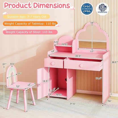 Costzon Kids Vanity, 2 in 1 Girls Vanity Set with Mirror, Drawers, Storage Shelf & Cabinet, Toddler Makeup Desk Dressing Table, Kids Vanity Table and Chair Set for Little Girls (Pink)