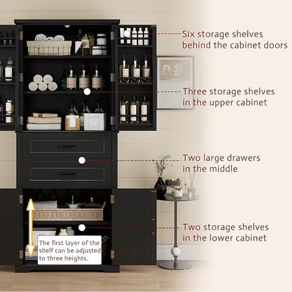 Tall Storage Cabinet, Bathroom Floor Freestanding Storage Cabinet with 2 Doors, Adjustable Shelf, and 2 Drawers for Bathroom, Office, Living Room, MDF Board, Black