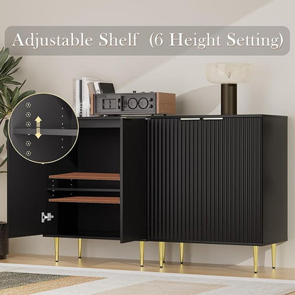 EOYUTLLY Black Fluted Storage Cabinet,Wood Sideboard Buffet Cabinet with Adjustable Shelf, Fluted Accent Cabinet with Gold Metal Legs, Console Table for Living Room,Dining Room,Kitchen
