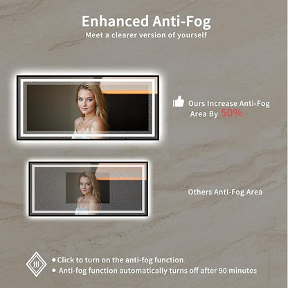 Bathroom Mirrors for Wall, 72x32 Inch Black Framed Gradient Front and Backlit Smart Mirror, 3 Colors Dimmable CRI>90, IP54 Enhanced Anti-Fog Wall Mounted Bathroom Mirror Frame