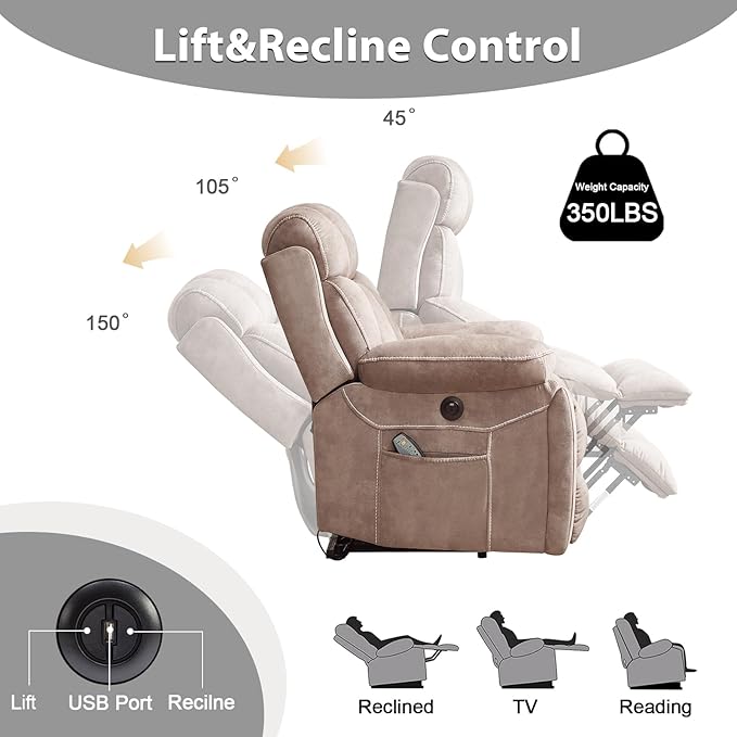 Large Power Lift Recliner Chair with Massage and Heat for Elderly, Wide Padded Recliner with 2 Cup Holders, Side Pocket & USB Charger (1, Khaki)