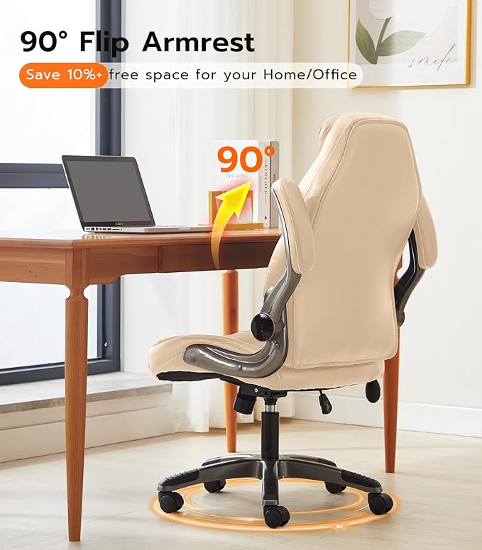 Office Desk Chair, Ergonomic Computer Chair with Padded Flip-Up Arms and Adjustable Lumbar Support, PU Leather Executive Chair with Tilt Lock and 360° Swivel Rolling Wheels for Work, Study