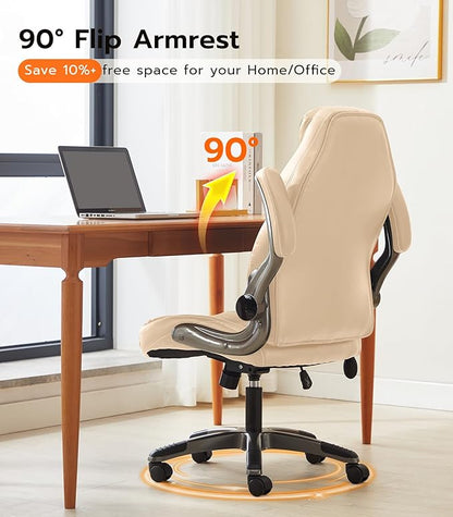 Office Desk Chair, Ergonomic Computer Chair with Padded Flip-Up Arms and Adjustable Lumbar Support, PU Leather Executive Chair with Tilt Lock and 360° Swivel Rolling Wheels for Work, Study