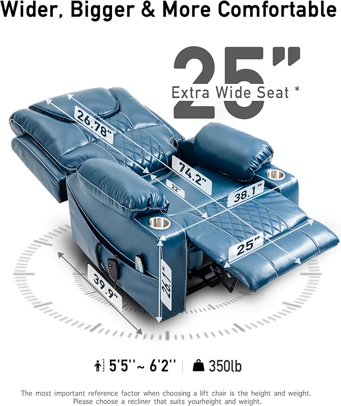 Large Power Lift Chairs Recliners for Elderly with Heated and Massage, Upgraded Dual Motor Lay Flat Recliners, 25in Extra Wide Seat, Cup Holder, Side Pocket