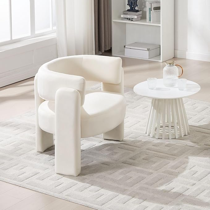 Velvet Accent Chair with Arms, Upholstered Barrel Armchair with Curved Back, Comfy Single Side Chair for Reading, Living Room, Home Office, Beige