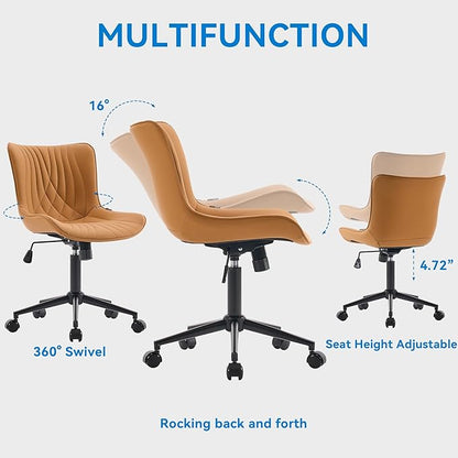 YOUNIKE Office Chair, Armless Desk Chair with Wheels, Adjustable Swivel Home Office Computer Task Chairs, Modern Faux Leather Upholstered Vanity Chair with Back, Saffron Tan