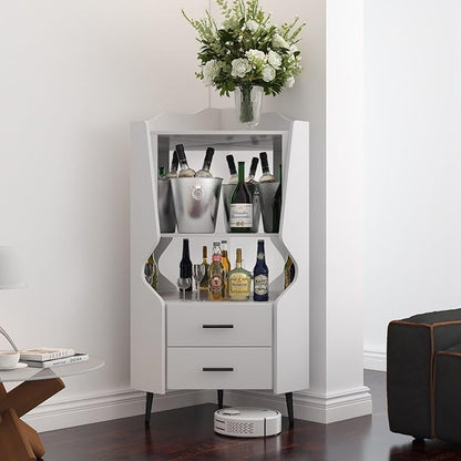 YUNKE Novelty Wooden Cabinet, White Corner Table with 2 Open Shelves and 2 Drawers, Commonly Used in Living Room, Home Office, Study Room and Dinning Room