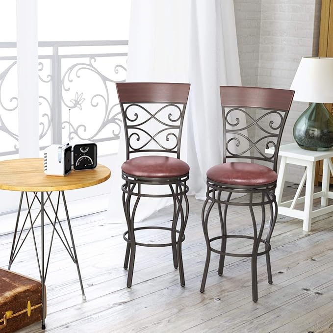 COSTWAY Bar Stools Set of 2, 360 Degree Swivel, 30" Bar Height Bar Stools, Leather Padded Seat Bistro Dining Kitchen Pub Metal Chairs with Back for Kitchen Island (Set of 2)