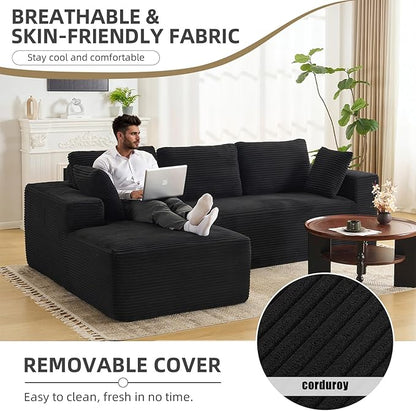 107" Boneless Couch, Sectional Couchs for Living Room & Bedroom, Cloud Couch with L-Shape Chaise Modern Modular Sofa with Deep Seat, No Assembly Required (Jet Black)