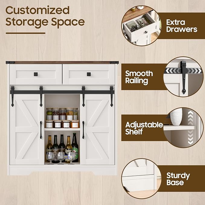 Farmhouse Storage Cabinet, Bathroom Cabinet with 2 Sliding Barn Doors, Floor Storage Cabinets with Adjustable Shelves and 2 Drawers for Kitchen, Living Room, Dining Room, White