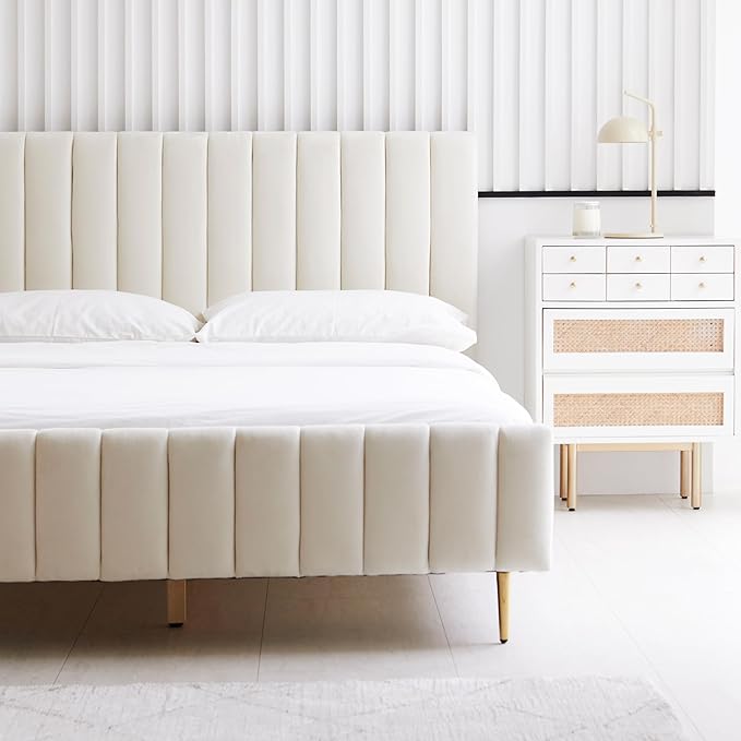 Livinia Queen Size Elton Velvet Platform Bed, Upholstered Bed Frame with Vertical Channel Tufted Headboard Footboard, Strong Wood Slats, No Box Spring Needed, Ivory (Queen)