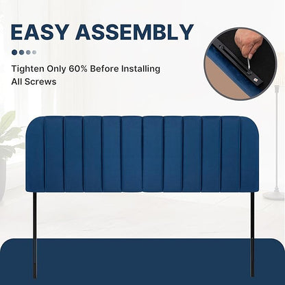 Upholstered Headboard - Striped Interval - Adjustable Height - Metal Legs - Bed Frame (Blue, King (U.S. Standard))