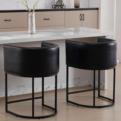 PU Leather Bar Stools, Modern Upholstered Counter Height Bar stools 24" Leather Barstools Barrel Kitchen Counter Island Stools with Black Metal Base, Black