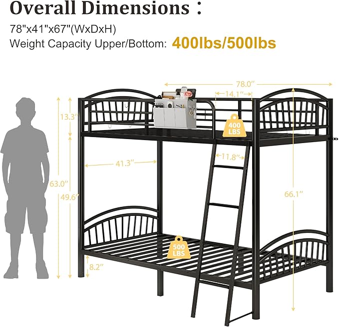 Twin Bunk Beds for Teen & Adults, Heavy Duty Metal Bunk Bed Twin Over Twin with Bedside Caddy, Convertible Ladder & Flat Rungs, Space Saving Bunkbed Frame for Bedroom Dorm, No Box Spring Needed