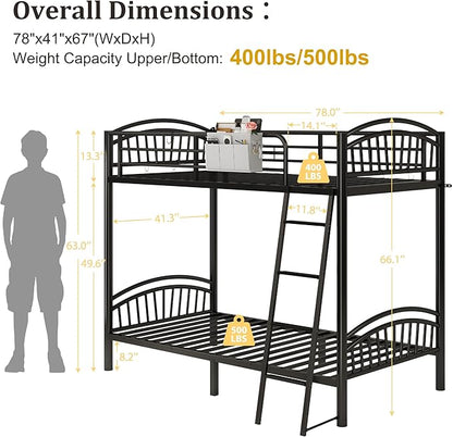 Twin Bunk Beds for Teen & Adults, Heavy Duty Metal Bunk Bed Twin Over Twin with Bedside Caddy, Convertible Ladder & Flat Rungs, Space Saving Bunkbed Frame for Bedroom Dorm, No Box Spring Needed