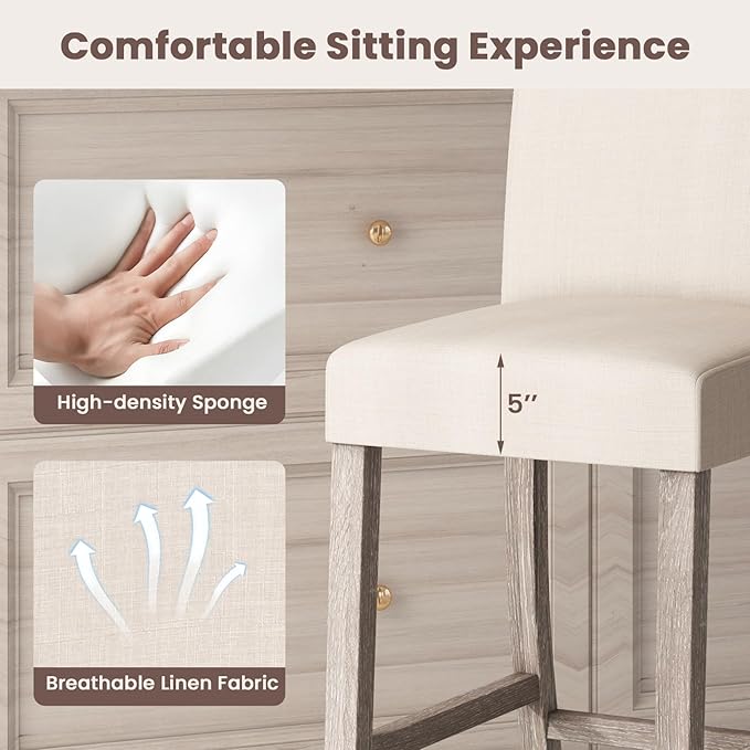 COSTWAY Counter Height Bar Stools Set of 4, 24.5’’ Upholstered Mid Century Modern Island Chairs with Rubber Wood Legs, Wooden Barstools for Kitchen, Dining Room, Bar, Restaurant (Beige)