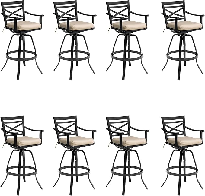 Pellebant 30" Sunbrella Outdoor Bar Stools 8 Pack, Aluminum Swivel Patio Bar Height Bar Stools with Back & Footrest, for Deck Lawn Garden(Canvas Antique Beige)
