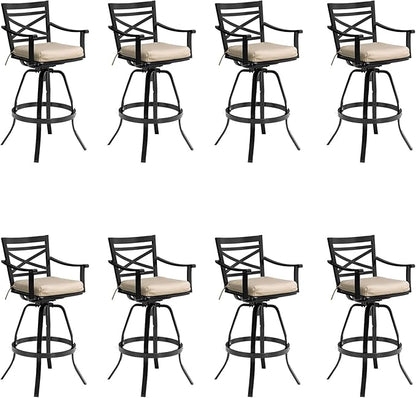Pellebant 30" Sunbrella Outdoor Bar Stools 8 Pack, Aluminum Swivel Patio Bar Height Bar Stools with Back & Footrest, for Deck Lawn Garden(Canvas Antique Beige)