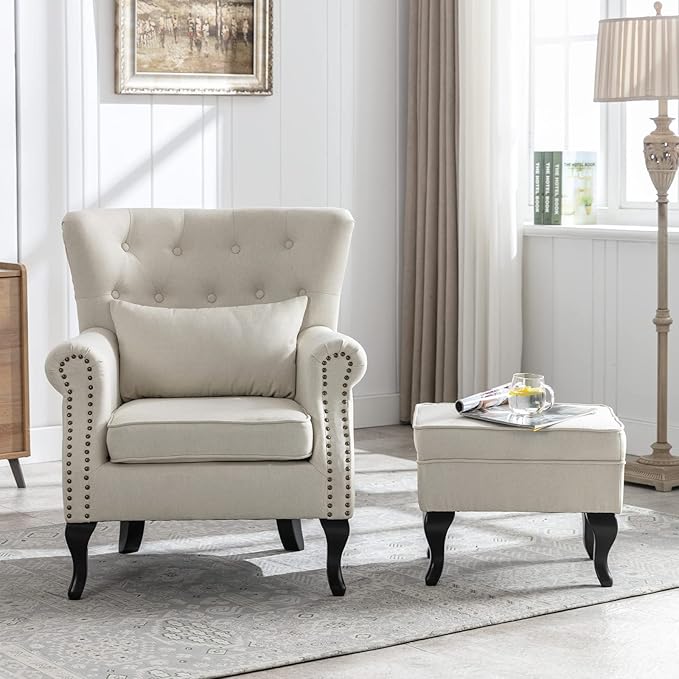 Mid Century Modern Accent Chair Upholstered Armchair Comfy Linen Fabric Tufted Wingback Single Sofa with Ottoman for Bedroom Living Room, Beige